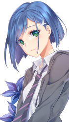 Rule 34 | 10s, 1girl, 5plus, absurdres, black hoodie, black necktie, blue flower, blue hair, closed mouth, collared shirt, darling in the franxx, drawstring, flower, from side, green eyes, hair ornament, hairclip, highres, hood, hood down, hoodie, ichigo (darling in the franxx), long sleeves, looking to the side, necktie, open clothes, open hoodie, shirt, short hair, simple background, smile, solo, striped necktie, striped neckwear, swept bangs, upper body, white background, white shirt, wing collar
