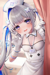 Rule 34 | 1girl, absurdres, amane kanata, amane kanata (nurse), bandaged arm, bandages, blue hair, blush, breasts, collar, detached collar, dress, gloves, grey hair, hat, highres, holding, holding syringe, hololive, looking at viewer, monuke (monu), multicolored hair, name tag, nurse, nurse cap, official alternate costume, open mouth, purple eyes, small breasts, smile, solo, streaked hair, syringe, twintails, virtual youtuber, white collar, white dress, white gloves, white hat