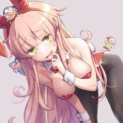 Rule 34 | 1girl, animal ears, bare shoulders, bent over, black pantyhose, blush, bow, bowtie, breasts, detached collar, fairy (jintai), fake animal ears, furrowed brow, green eyes, hairband, hand up, jinrui wa suitai shimashita, leotard, long hair, medium breasts, mochi (mochi444420), open mouth, pantyhose, pink hair, playboy bunny, rabbit ears, rabbit tail, red bow, red hairband, red leotard, red neckwear, smile, strapless, strapless leotard, tail, very long hair, watashi (jintai), wrist cuffs