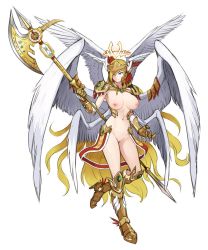 Rule 34 | 1girl, angel, angel wings, armor, blonde hair, blue eyes, boots, breasts, closed mouth, commentary, english commentary, feathered wings, full body, functionally nude, gauntlets, hair over one eye, halo, highres, holding, holding weapon, huge breasts, ilias, long hair, looking at viewer, maritan (pixelmaritan), armored boots, mon-musu quest!, multiple wings, naked armor, navel, nipples, nude, one eye covered, original, pauldrons, polearm, pussy, revealing armor, seraph, shoulder armor, simple background, solo, standing, standing on one leg, very long hair, weapon, white background, white wings, wings