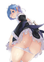 Rule 34 | 1girl, arms at sides, ass, ass focus, asuka tomori, blue eyes, blue hair, bow, butt crack, closed mouth, cowboy shot, detached sleeves, dress, female focus, flower, hair flower, hair ornament, hairband, hairclip, highres, huge ass, looking at viewer, looking back, maid, matching hair/eyes, one eye covered, oni, panties, panty pull, pulled by self, purple ribbon, re:zero kara hajimeru isekai seikatsu, rem (re:zero), ribbon, roswaal mansion maid uniform, short hair, solo, underwear, undressing, upskirt, white background, white bow, white legwear, white panties, x hair ornament