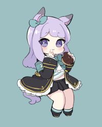 Rule 34 | 1girl, :i, absurdres, animal ears, black footwear, black jacket, black skirt, blue background, blue bow, blue ribbon, blue socks, blush, bow, chibi, closed mouth, commentary request, ear bow, ear ribbon, eating, food, food on face, full body, highres, holding, holding food, horse ears, horse girl, horse tail, jacket, long hair, long sleeves, looking at viewer, mejiro mcqueen (umamusume), midriff peek, nozo (hitomiz), open clothes, open jacket, pleated skirt, purple eyes, purple hair, ribbon, shirt, shoes, short eyebrows, skirt, sleeves past wrists, socks, solo, tail, thick eyebrows, umamusume, very long hair, white shirt