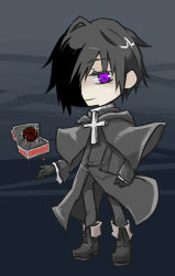 Rule 34 | 1boy, black hair, book, boots, box, capelet, cross, cthulhu mythos, gloves, male focus, nyarlathotep, personification, purple eyes, sca07cpm0005tm, short hair, smirk, solo