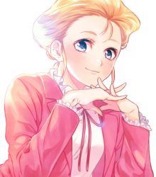 Rule 34 | 1girl, blonde hair, blue eyes, commentary request, ginjou ruri, highres, jacket, light smile, looking down, makaron611, own hands together, red jacket, shippu! iron leaguer, solo, upper body, white background
