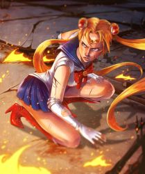 Rule 34 | 1girl, absurdres, bishoujo senshi sailor moon, blonde hair, blood, blood stain, blue eyes, blue sailor collar, blue skirt, blurry, boots, brooch, circlet, cuts, debris, double bun, elbow gloves, embers, fire, gloves, hair ornament, high heel boots, high heels, highres, injury, jewelry, joel furtado, knee boots, kneeling, long hair, miniskirt, on one knee, pleated skirt, red footwear, ribbon, sailor collar, sailor moon, serious, skirt, solo, torn clothes, tsukino usagi, twintails, very long hair, white gloves