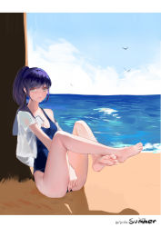 Rule 34 | 1girl, absurdres, barefoot, beach, bird, blue hair, blue sky, cloud, covering privates, covering crotch, day, feet, grey eyes, highres, kamachi kamachi-ko, legs up, long legs, looking at viewer, no pants, ocean, off shoulder, open clothes, open shirt, original, outdoors, ponytail, school swimsuit, school uniform, serafuku, shirt, sitting, sky, soles, solo, swimsuit, swimsuit under clothes, toes