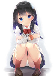 Rule 34 | 10s, 1girl, bad id, bad pixiv id, black hair, black skirt, blue eyes, blush, bow, bowtie, brown footwear, cardigan, closed mouth, collared shirt, commentary request, crossed arms, gridman universe, head tilt, loafers, long hair, long sleeves, looking at viewer, maruchan., orange scrunchie, panties, pleated skirt, red bow, red bowtie, red eyes, scrunchie, shirt, shoes, skirt, socks, solo, squatting, ssss.gridman, takarada rikka, underwear, white cardigan, white panties, white shirt, wrist scrunchie