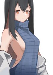 Rule 34 | 1girl, arknights, backless dress, backless outfit, black hair, blue one-piece swimsuit, breasts, clothes pull, dress, hair between eyes, halterneck, highres, jacket, jacket pull, large breasts, leiroken, looking at viewer, meme attire, off-shoulder jacket, off shoulder, one-piece swimsuit, open clothes, open jacket, orange eyes, ribbed sweater, sideboob, simple background, solo, sweater, swimsuit, texas (arknights), turtleneck, turtleneck sweater, upper body, virgin killer sweater, white background, white jacket