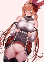 Rule 34 | 1girl, amano don, aqua eyes, bad id, bad pixiv id, bare shoulders, black thighhighs, blush, breasts, clarisse (granblue fantasy), clarisse (valentine) (granblue fantasy), closed mouth, clothes lift, detached sleeves, granblue fantasy, hair ribbon, heart pasties, highres, large breasts, long hair, looking at viewer, low twintails, maebari, navel, orange hair, pasties, red skirt, ribbon, shirt, skirt, skirt lift, sleeveless, sleeveless shirt, swept bangs, thighhighs, thighs, twintails, underwear, white shirt
