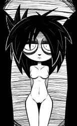 Rule 34 | 1girl, bags under eyes, black hair, breasts, highres, i can&#039;t sleep, looking at viewer, monochrome, nia (i can&#039;t sleep), nude, small breasts, solo, spiked hair, tired eyes, toon (style)