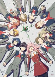 Rule 34 | 10s, 5boys, 5girls, absurdres, ahoge, black hair, black pantyhose, blonde hair, blue eyes, blue hair, blue hairband, brown eyes, brown hair, circle formation, closed eyes, commentary request, couple, darling in the franxx, fangs, flower, futoshi (darling in the franxx), glasses, gorou (darling in the franxx), green eyes, hair ornament, hairband, hairclip, hetero, high ponytail, highres, hiro (darling in the franxx), holding hands, horns, ichigo (darling in the franxx), ikuno (darling in the franxx), interlocked fingers, kokoro (darling in the franxx), light brown hair, long hair, long sleeves, looking at another, lying, miku (darling in the franxx), military, military uniform, mitsuru (darling in the franxx), multiple boys, multiple girls, necktie, on back, oni horns, orange neckwear, pantyhose, petals, pink hair, ponytail, purple hair, red hair, red horns, red neckwear, ryochindempa, short hair, thick eyebrows, twintails, uniform, white hairband, yellow eyes, zero two (darling in the franxx), zorome (darling in the franxx)
