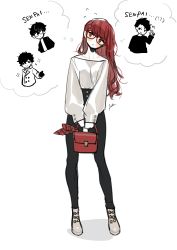 Rule 34 | 1boy, 1girl, absurdres, alternate costume, amamiya ren, bag, black pants, blush, btmr game, closed mouth, flying sweatdrops, glasses, hair down, highres, holding, holding bag, long hair, long sleeves, multiple views, opaque glasses, pants, persona, persona 5, persona 5 the royal, red-framed eyewear, red eyes, red hair, signature, simple background, sparkle, standing, white background, yoshizawa kasumi