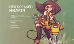 Rule 34 | 1girl, ^^^, android, black thighhighs, blackbolt lonewolf, blunt bangs, brown hair, carabiner, character request, collarbone, commentary, cowboy shot, debris, ear protection, english commentary, english text, gloves, goggles, green background, high-visibility vest, highres, jackhammer, leaning forward, long hair, looking at viewer, motion blur, motion lines, orange gloves, parted lips, robot girl, satisfaction (song), scene reference, solo, thighhighs, thighs