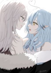 Rule 34 | 2girls, absurdres, ahoge, animal ears, bare shoulders, blouse, blue hair, blue nails, commentary request, elf, eye contact, fur trim, grey eyes, hair between eyes, hand on another&#039;s shoulder, heart, heart ahoge, highres, hololive, lion ears, long hair, looking at another, multiple girls, nail polish, off shoulder, open mouth, pointy ears, shirt, shishiro botan, shishiro botan (1st costume), signature, silver hair, sleeveless, sleeveless shirt, sui (camellia), upper body, virtual youtuber, yellow eyes, yukihana lamy, yuri