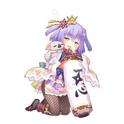 Rule 34 | 1girl, animal, animal on shoulder, aqua eyes, arm rest, blush, crown, fishnets, floral print, full body, hair ornament, kneeling, koala, light purple hair, long sleeves, looking at viewer, official art, open mouth, rest and vacation, solo, transparent background, two side up, uchi no hime-sama ga ichiban kawaii