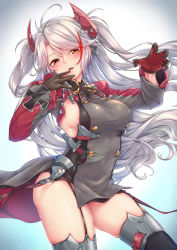 Rule 34 | 1girl, :, absurdres, arm up, azur lane, black thighhighs, blush, breasts, brown eyes, cross, garter straps, gloves, gradient background, grey hair, half-closed eyes, highres, iron cross, kurofude anna, large breasts, long hair, long sleeves, looking at viewer, mole, mole on breast, multicolored hair, parted lips, prinz eugen (azur lane), red hair, sideboob, solo, swept bangs, thighhighs, thighs, two side up