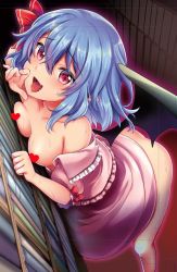 Rule 34 | 1girl, :d, ass, bare shoulders, bat wings, bent over, blue hair, blush, bookshelf, bow, breasts, censored, collarbone, commentary request, dress, hair ribbon, heart, heart censor, library, medium breasts, no headwear, open mouth, pink dress, pointy ears, puffy short sleeves, puffy sleeves, red bow, red eyes, red ribbon, remilia scarlet, ribbon, rimu (kingyo origin), saliva, saliva trail, short hair, short sleeves, slit pupils, smile, solo, standing, sweat, sweatdrop, tongue, tongue out, touhou, wings