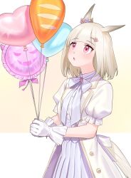 Rule 34 | 1girl, :o, animal ears, balloon, blush, bow, bowtie, breasts, coat, gloves, hair ornament, hairclip, happy meek (umamusume), highres, holding, holding balloon, horse ears, horse girl, horse tail, light brown hair, open clothes, open coat, pink bow, pink coat, pink eyes, pink shirt, pink skirt, puffy short sleeves, puffy sleeves, shirt, short hair, short sleeves, simple background, skirt, small breasts, solo, standing, tail, tamayume, two-tone background, umamusume, upper body, vest, white gloves