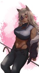 1girl abs absurdres animal_ears black_jacket black_panties black_pants black_shirt breasts cat_ears cat_tail cropped_shirt dark-skinned_female dark_skin eyepatch facial_scar fang fur-trimmed_jacket fur_trim ghislaine_dedoldia grey_hair highleg highleg_panties highres jacket large_breasts long_hair looking_at_viewer mushoku_tensei navel off_shoulder open_clothes open_jacket open_mouth open_pants panties pants red_eyes scar scar_on_cheek scar_on_face scar_on_stomach shirt sitting sleeveless sleeveless_shirt solo sora_raion string_panties tail tail_ornament tail_ring tongue tongue_out twitter_username underwear