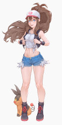 Rule 34 | 1girl, baseball cap, black footwear, blue eyes, blush, boots, breasts, brown hair, cheshirrr, collarbone, commentary request, creatures (company), crop top, cross-laced footwear, denim, denim shorts, full body, game freak, gen 5 pokemon, grey background, hat, high ponytail, highres, hilda (pokemon), long hair, looking at viewer, midriff, navel, nintendo, open mouth, pokemon, pokemon (creature), pokemon bw, ponytail, shirt, shoes, short shorts, shorts, sleeveless, sleeveless shirt, smile, socks, standing, striped, tank top, tepig, vest, white shirt, wristband