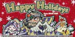 Rule 34 | 1girl, 2boys, artist request, baal (grandia), blush, breasts, christmas, closed mouth, earrings, eyepatch, gloves, grandia, grandia i, guido (grandia), happy holidays, hat, heart, heart hands, jewelry, liete (grandia), long hair, multiple boys, official art, open mouth, pointy ears, purple hair, smile