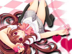 Rule 34 | 1girl, bow, brown hair, cellphone, hano haruka, little busters!, long hair, lying, natsume rin, phone, pink bow, plaid, plaid skirt, ponytail, red eyes, school uniform, skirt, solo