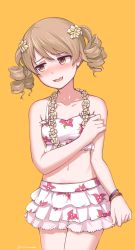 Rule 34 | 1girl, :d, absurdres, artist name, bare shoulders, blush, brown eyes, brown hair, collarbone, disco brando, drill hair, floral print, flower, flower wreath, frills, hair flower, hair ornament, highres, idolmaster, idolmaster cinderella girls, looking away, looking to the side, midriff, morikubo nono, navel, open mouth, quad drills, short hair, simple background, skirt, smile, solo, twitter username, yellow background
