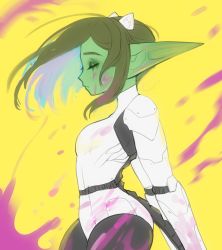 Rule 34 | 1girl, armor, black pantyhose, bodysuit, closed mouth, colored inner hair, colored skin, cowboy shot, female goblin, floating hair, from side, goblin, green skin, long pointy ears, multicolored hair, original, pantyhose, pointy ears, profile, roxxxan, runny makeup, solo, tail, yellow background