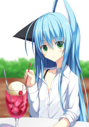 Rule 34 | 1girl, animal ears, bad id, bad pixiv id, blue hair, cat ears, cherry, closed mouth, cup, drinking glass, drinking straw, food, fruit, green eyes, highres, holding, ice, ice cream, ice cream float, kurimu (crim soda), long hair, looking at viewer, original, shirt, soda, solo, spoon, tail, white shirt, wine glass
