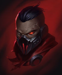 Rule 34 | 1boy, absurdres, alternate costume, black hair, cropped head, hair slicked back, highres, kong ling hai, league of legends, male focus, mask, mouth mask, no pupils, red background, red eyes, short hair, singed, solo