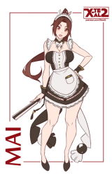 Rule 34 | 1girl, alternate costume, apron, bare shoulders, breasts, brown eyes, brown hair, character name, cleavage, folded fan, contrapposto, detached collar, dress, enmaided, fatal fury, female focus, flat color, folding fan, full body, hand fan, hand on own hip, large breasts, maid, matching hair/eyes, open mouth, ponytail, shiranui mai, solo, standing, the king of fighters, waist apron, watermark, web address, white background, x-t3al