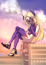Rule 34 | 1girl, absurdres, blonde hair, breasts, giant, giantess, grin, highres, horns, long hair, looking at viewer, mount lady, red eyes, shoes, sitting, small breasts, smile, teeth