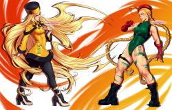 Rule 34 | 2girls, arc system works, blonde hair, boots, breasts, cammy white, capcom, crossover, guilty gear, hat, high heels, highres, leotard, long hair, long sleeves, millia rage, multiple girls, street fighter, valentina tavolilla, very long hair