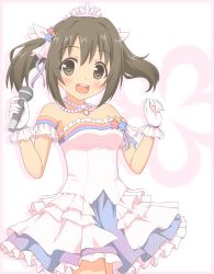 Rule 34 | 1girl, :d, bare shoulders, blush, breasts, brown eyes, brown hair, collarbone, commentary request, dress, frilled dress, frills, gloves, hair ornament, hair ribbon, hands up, holding, holding microphone, idolmaster, idolmaster cinderella girls, imai kana, jewelry, microphone, necklace, open mouth, pearl necklace, ribbon, round teeth, shino megumi, small breasts, smile, solo, star (symbol), star hair ornament, strapless, strapless dress, teeth, tiara, twintails, upper teeth only, white dress, white gloves, white ribbon