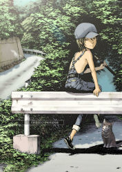 Rule 34 | 1girl, black hair, brown eyes, cabbie hat, cat, fishing rod, guard rail, hat, looking back, mole, mole under mouth, naked overalls, no bra, no socks, original, overalls, road, short hair, sitting, smile, solo, tree, yoneda taishou