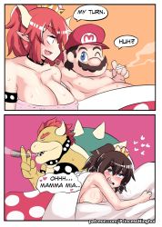 Rule 34 | 2boys, 2girls, 2koma, aftersex, armlet, blanket, blue eyes, blush, bowser, bowsette, brown hair, cigar, cigarette, collar, comic, crown, english text, facial hair, fang, fucked silly, genderswap, genderswap (mtf), heart, hetero, highres, hinghoi, holding, holding cigar, holding cigarette, horns, mario, mario (series), multiple boys, multiple girls, mustache, new super mario bros. u deluxe, nintendo, on bed, pillow, pointy ears, ponytail, red hair, role reversal, rolling eyes, smoking, speech bubble, spiked armlet, spiked collar, spikes, super crown, sweat