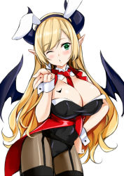 Rule 34 | 1girl, alternate costume, animal ears, aqua eyes, asymmetrical hair, bat tattoo, between breasts, black leotard, black pantyhose, blonde hair, blowing kiss, blush, breast tattoo, breasts, cleavage, commentary, contrapposto, covered navel, cowboy shot, demon horns, demon wings, detached collar, fake animal ears, garter belt, garter straps, hair ribbon, hairband, hand on own hip, hololive, horns, kosuke (bb), large breasts, leotard, long hair, looking at viewer, necktie, necktie between breasts, one eye closed, pantyhose, parted bangs, playboy bunny, pointy ears, puckered lips, rabbit ears, red necktie, ribbon, sidelocks, simple background, smile, solo, tattoo, virtual youtuber, white background, white ribbon, wing collar, wings, wrist cuffs, yuzuki choco