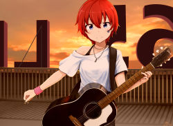 Rule 34 | 1girl, backlighting, bare shoulders, basa rutan, blue eyes, closed mouth, cloud, dated, facial mark, guitar, hair between eyes, head tilt, highres, holding, holding instrument, idolmaster, idolmaster million live!, instrument, julia (idolmaster), looking at viewer, off shoulder, outdoors, plectrum, railing, red hair, rooftop, shirt, short hair, short sleeves, signature, sky, smile, solo, standing, star (symbol), sunset, white shirt