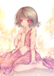 Rule 34 | 1girl, bad id, bad pixiv id, barefoot, breasts, cleavage, female focus, green hair, hand to own mouth, kasuga sunao, kazami yuuka, plaid, plaid skirt, plaid vest, red eyes, short hair, sitting, skirt, skirt set, small breasts, solo, touhou, vest, wariza, yawning
