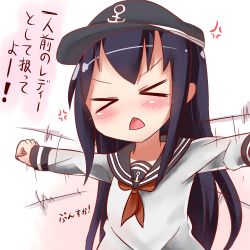Rule 34 | &gt; &lt;, 1girl, :&lt;, akatsuki (kancolle), anchor symbol, angry, black hat, blush, commentary request, facing viewer, flailing, flat cap, hana kazari, hat, head tilt, ichininmae no lady, kantai collection, long hair, long sleeves, neckerchief, one-hour drawing challenge, open mouth, purple hair, red neckerchief, school uniform, serafuku, shirt, solo, translation request, triangle mouth, upper body, very long hair, white background, white shirt