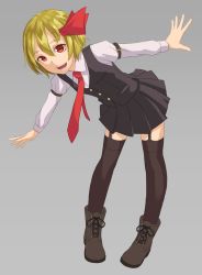 Rule 34 | 1girl, bent over, black thighhighs, blonde hair, boots, bow, fangs, full body, garter straps, grey background, hair bow, hair ornament, kurione (zassou), long sleeves, looking at viewer, necktie, open mouth, outstretched arms, red eyes, red necktie, rumia, shirt, short hair, simple background, skirt, skirt set, smile, solo, thighhighs, touhou, vest, zettai ryouiki