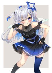 Rule 34 | 1girl, ;), absurdres, amane kanata, amane kanata (work), angel wings, belt, black gloves, black shirt, black socks, blue belt, blue eyes, blue hair, blue skirt, blue thighhighs, blush, commentary request, commission, gloves, gradient skirt, hair ornament, hairclip, halo, hand on own hip, highres, hololive, izumi kei, kneehighs, long hair, looking at viewer, multicolored hair, one eye closed, partially fingerless gloves, pink hair, pleated skirt, shirt, short sleeves, silver hair, single kneehigh, single sock, single thighhigh, skeb commission, skirt, smile, socks, solo, star halo, streaked hair, thighhighs, two side up, virtual youtuber, wings