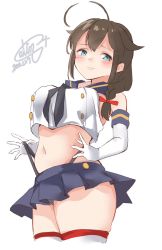 Rule 34 | 1girl, ahoge, black hair, black neckerchief, black panties, blue eyes, blue sailor collar, blue skirt, braid, breasts, calin, cosplay, crop top, dated, elbow gloves, gloves, hair flaps, hair ornament, hair over shoulder, highleg, highleg panties, kantai collection, large breasts, looking at viewer, microskirt, miniskirt, neckerchief, one-hour drawing challenge, panties, pleated skirt, sailor collar, shigure (kancolle), shigure kai ni (kancolle), shimakaze (kancolle), shimakaze (kancolle) (cosplay), signature, simple background, single braid, skirt, solo, striped clothes, striped thighhighs, thighhighs, underwear, white background, white gloves