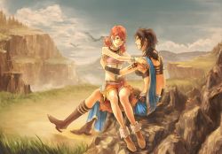 Rule 34 | 10s, 2girls, bare shoulders, beads, belt, black hair, boots, bracelet, cloud, curly hair, day, earrings, final fantasy, final fantasy xiii, fur, green eyes, indian clothes, jewelry, midriff, multiple girls, necklace, oerba dia vanille, oerba yun fang, r3511, red hair, sari, scenery, short twintails, sitting, sitting on lap, sitting on person, sky, tattoo, twintails, yuri