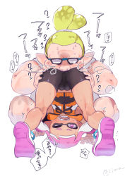 Rule 34 | 1boy, 1girl, ass grab, bike shorts, blush, cameltoe, fat, fat man, glass, heavy breathing, hetero, highres, inkling, inkling boy, inkling girl, inkling player character, mask, nintendo, nose, serizawa nae, simple background, smelling, speech bubble, sweat, tentacle hair, text focus, translation request, upside-down, white background
