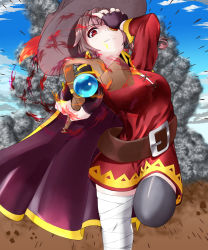 Rule 34 | 10s, 1girl, belt, black thighhighs, blue sky, brown hair, cape, cloud, covering face, covering one eye, day, dress, fingerless gloves, fire, gloves, hand over eye, hat, highres, kono subarashii sekai ni shukufuku wo!, looking at viewer, magic, megumin, pointing, pointing at viewer, red dress, red eyes, short hair, simejing, sky, smoke, solo, staff, thighhighs, witch hat