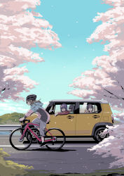 Rule 34 | 4girls, absurdres, afro (kngotezo), bicycle, black hair, blue hair, blue sky, car, character request, cherry blossoms, commentary request, day, helmet, highres, hood, hooded jacket, inuyama aoi, jacket, long sleeves, motor vehicle, multiple girls, oogaki chiaki, outdoors, petals, riding, riding bicycle, saitou ena, sky, toba minami, yellow car, yurucamp