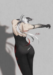 Rule 34 | 1girl, absurdres, arlecchino (genshin impact), artist name, backless outfit, bekus, black hair, black hands, black pants, body markings, crossed legs, from behind, genshin impact, grey background, head down, highres, long hair, median furrow, multicolored hair, outstretched arm, pants, red hair, shadow, signature, solo, standing, white hair
