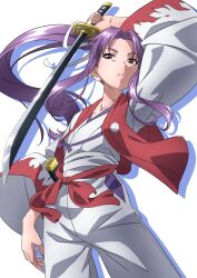 Rule 34 | 1girl, cowboy shot, gyouza (mhea5724), highres, holding, holding sword, holding weapon, japanese clothes, katana, long hair, long sleeves, meira (touhou), open mouth, ponytail, purple hair, red hair, sheath, solo, sword, touhou, touhou (pc-98), weapon, wide sleeves