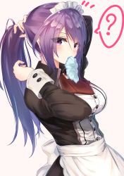 Rule 34 | 1girl, ?, absurdres, alice gear aegis, apron, arms up, blush, breasts, commentary request, eyes visible through hair, hair between eyes, highres, holding, holding hair, large breasts, long hair, long sleeves, looking at viewer, maid, maid apron, maid headdress, nikotama mai, ponytail, puripuri, purple eyes, purple hair, simple background, solo, speech bubble, upper body, white background